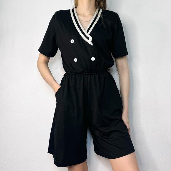 Vintage Nautical Romper Black and White Size Small 80s 90s Short Sleeve Preppy - Picture 1 of 5